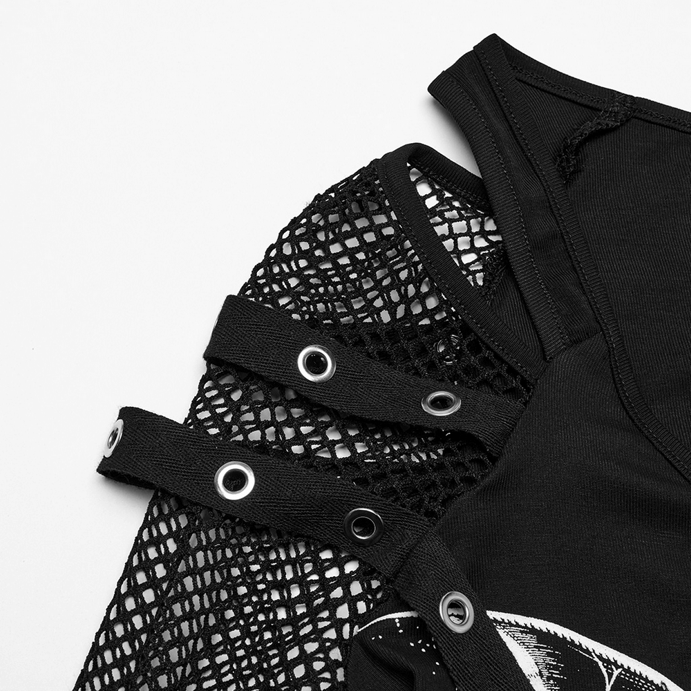 Detail of punk mesh sleeved top featuring bat and skull print with eyelet loops and adjustable snap webbings.