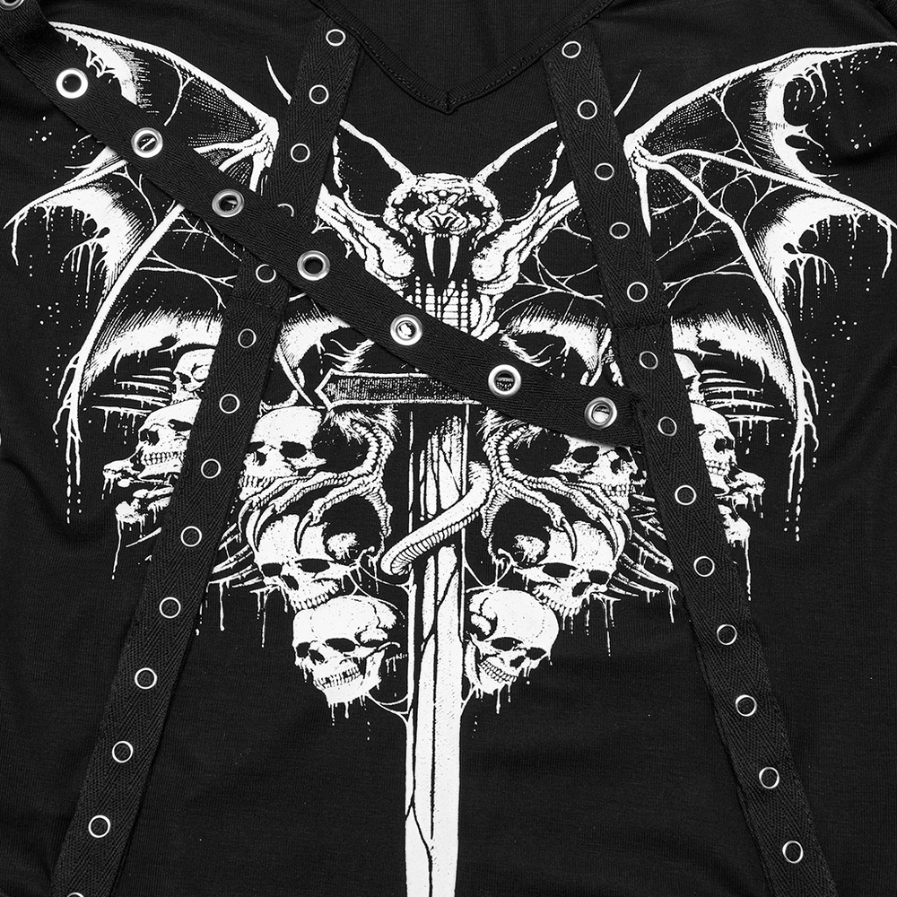 Gothic bat and skull print detail with metal eyelet loops on a black top for punk fashion enthusiasts.