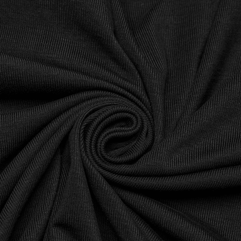Close-up of soft black knit fabric showcasing its stretchy texture for gothic punk clothing.