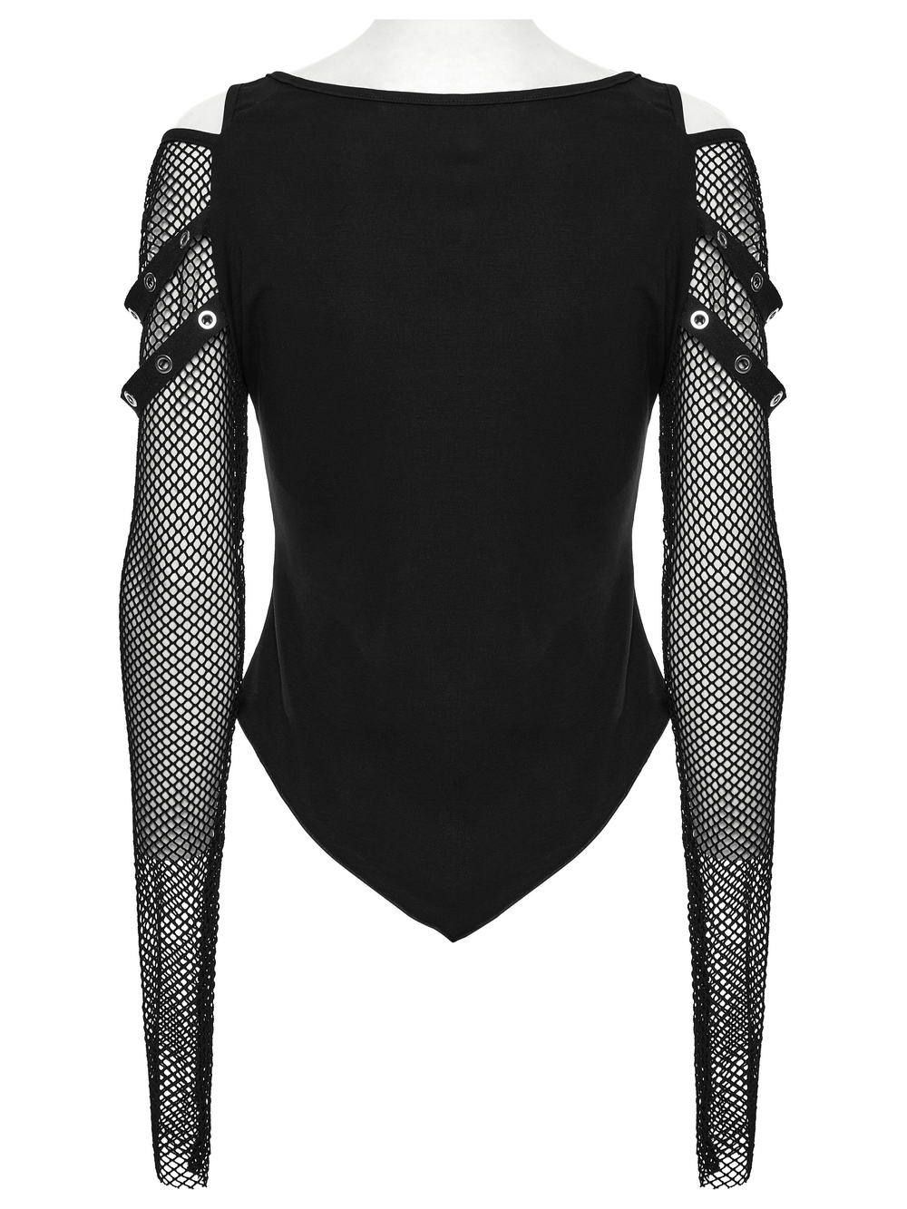 Back view of punk gothic top with off-shoulder mesh sleeves and metal eyelet details, perfect for alt style.