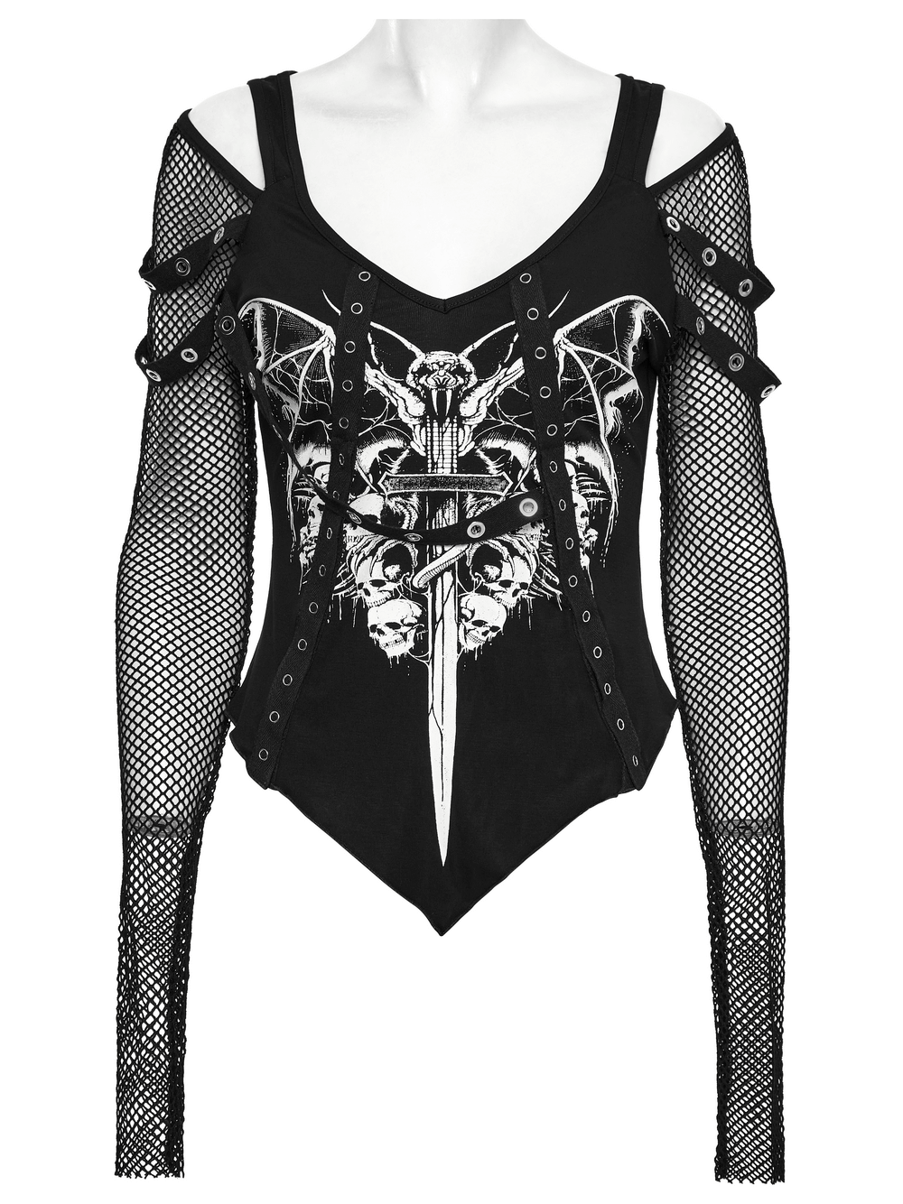Punk mesh sleeved top featuring bat and skull print with adjustable snap hem for a gothic fashion statement.