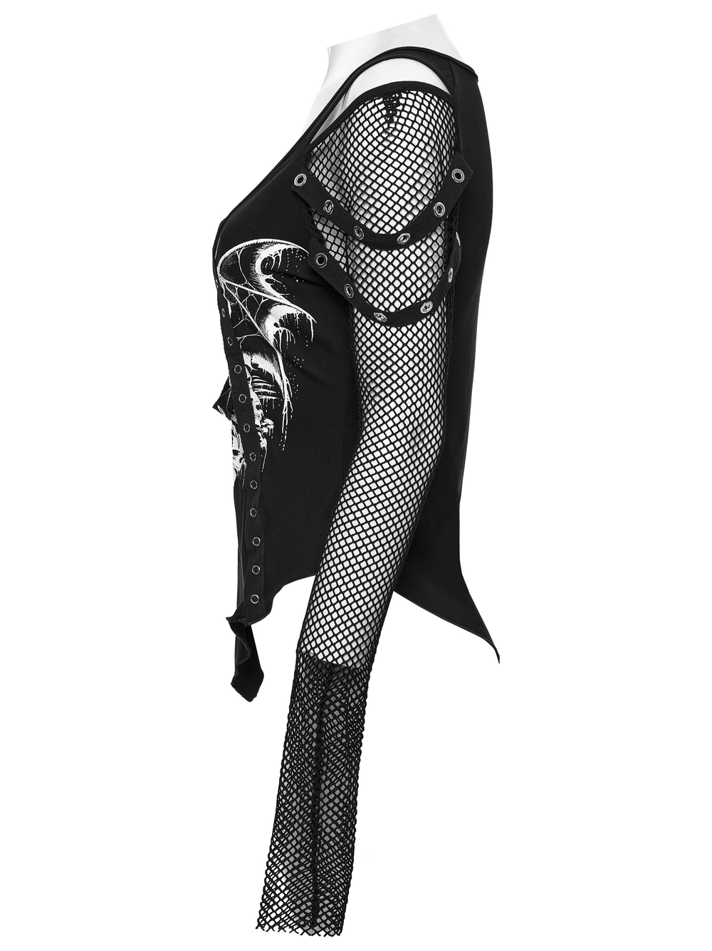Punk mesh sleeved gothic top with bat and skull print, off-shoulder design and metal eyelet loops.