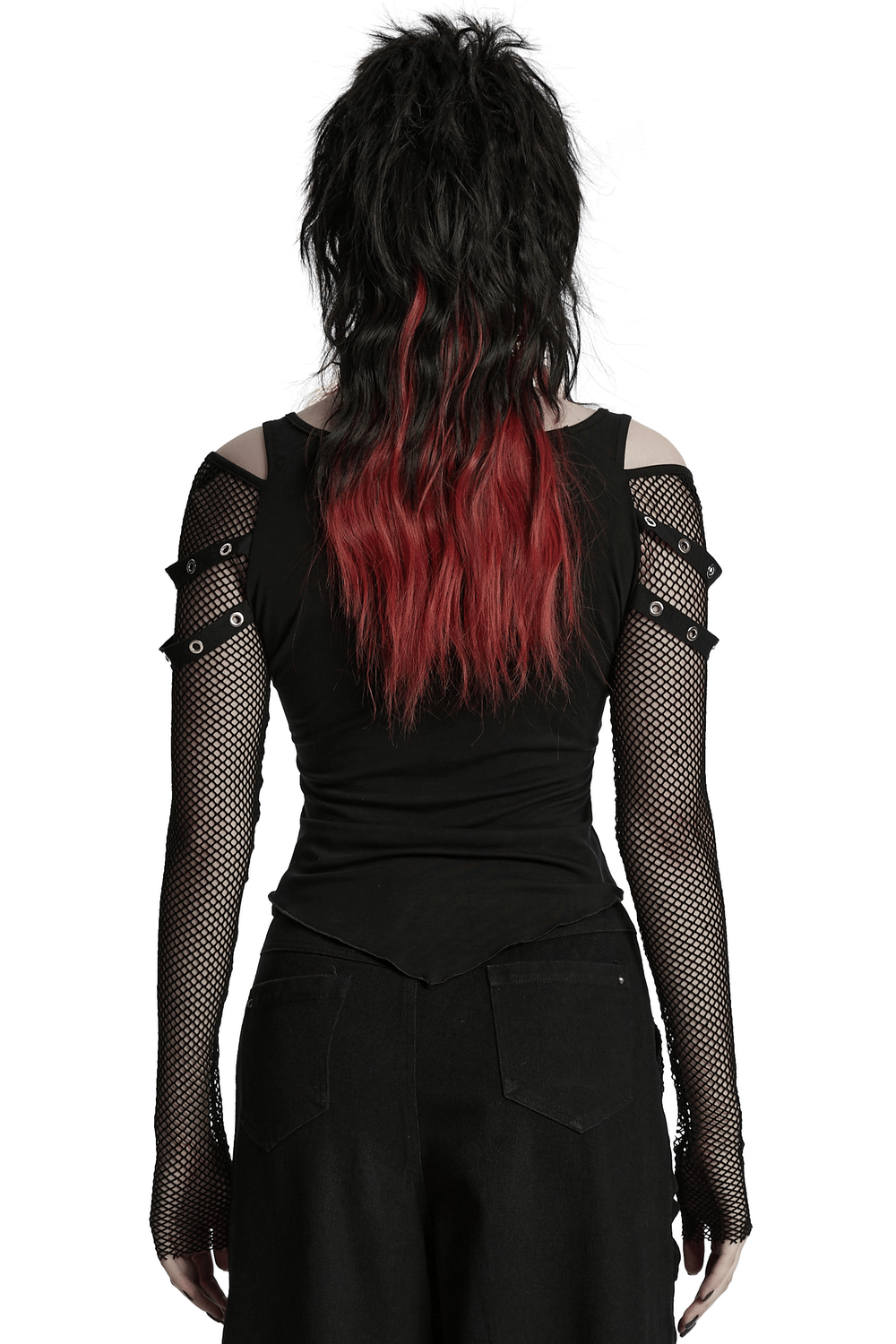 Back view of a gothic punk top with mesh sleeves and red highlights, showcasing snap fastening and bat print.