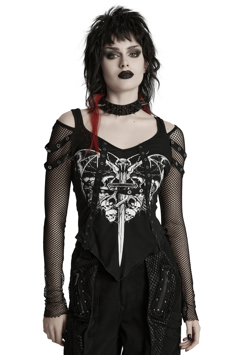 Gothic punk mesh sleeved top featuring bat, skull print, and edgy off-shoulder design, perfect for alternative fashion styles.