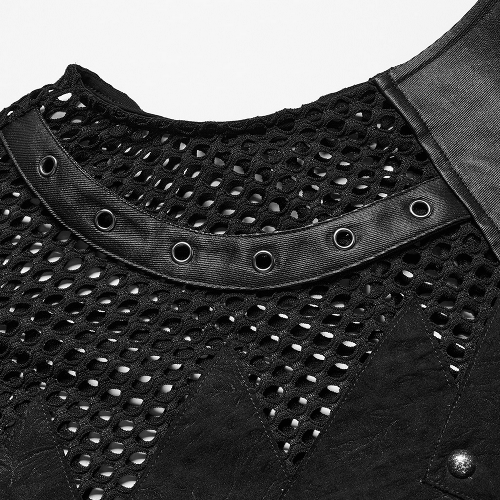 Close-up of punk mesh sleeveless top featuring PU leather details and semi-circular rivets for an edgy look.