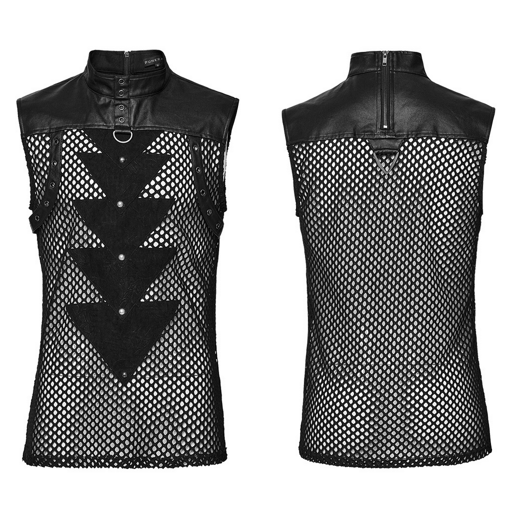 Punk mesh sleeveless top with PU leather details and triangular splicing, perfect for edgy style.