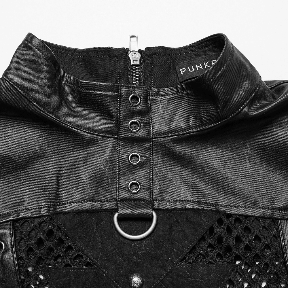 Close-up of punk mesh sleeveless top with PU leather details, featuring zipper and rivet accents for bold style.