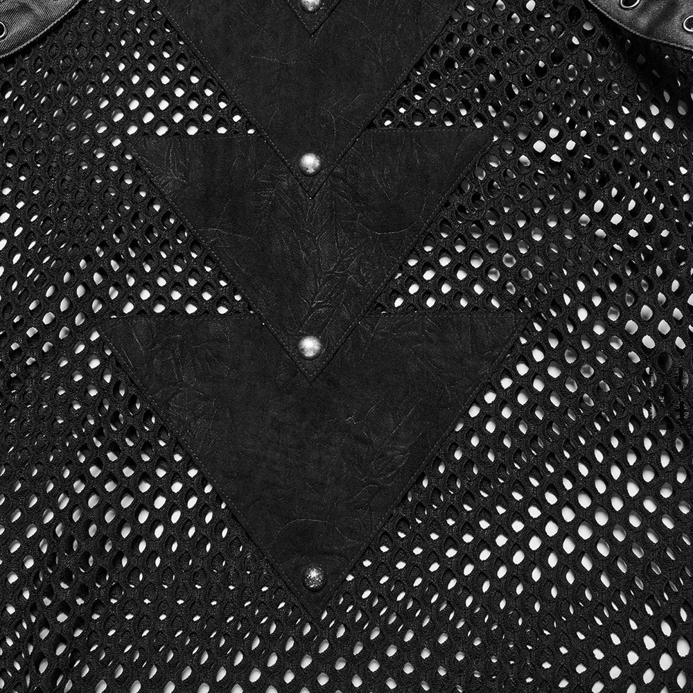 Close-up of punk mesh top showing triangular splicing in textured PU leather and semi-circular rivets.