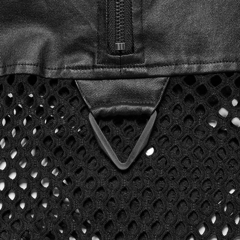 Close-up of punk mesh sleeveless top showcasing PU leather details and triangular splicing design.