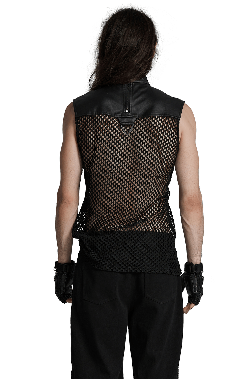 Back view of a Punk Mesh Sleeveless Top with PU leather details, showcasing a bold, edgy style and unique texture.