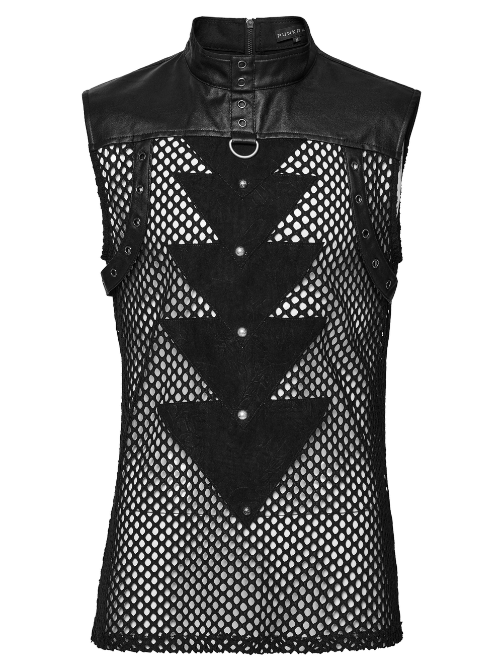 Punk mesh sleeveless top with PU leather details and triangular splicing design for a bold, edgy look.