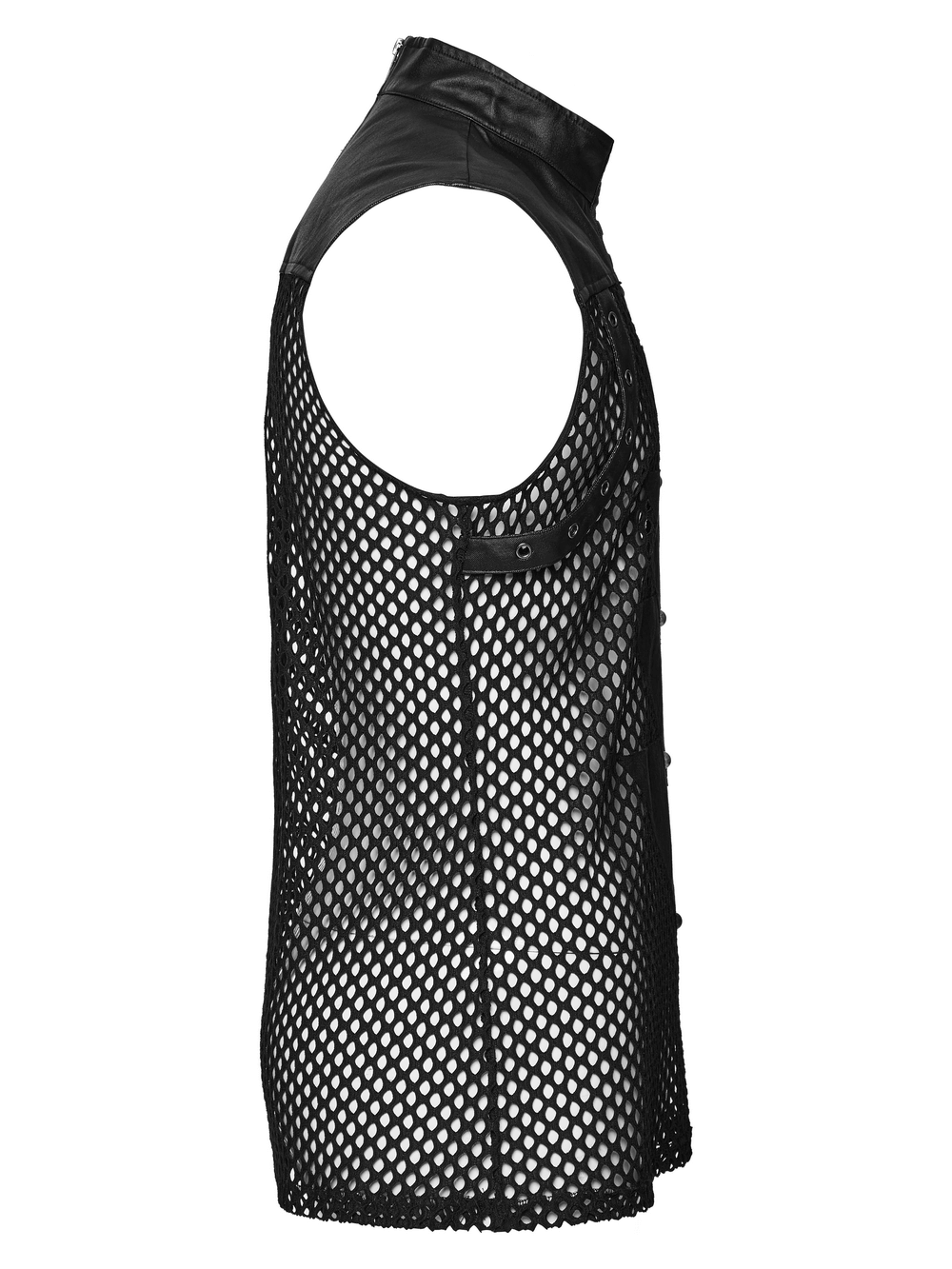 Side view of a punk mesh sleeveless top with PU leather details and semi-circular rivets for a bold style.