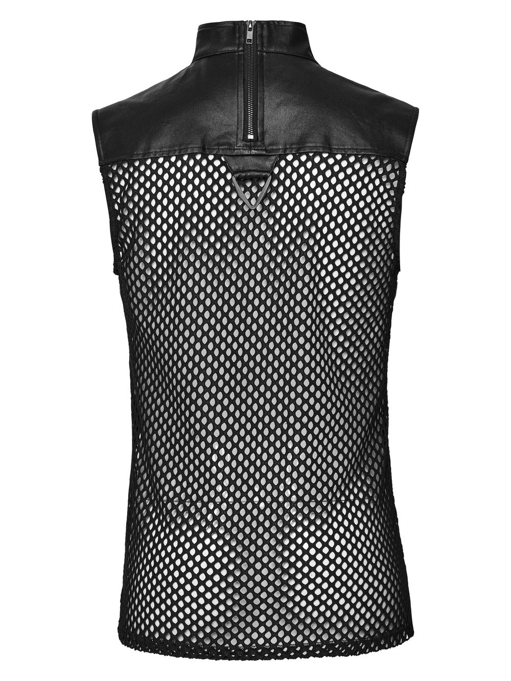 Back view of a punk mesh sleeveless top with PU leather details and a zipper closure, featuring a bold splicing design.