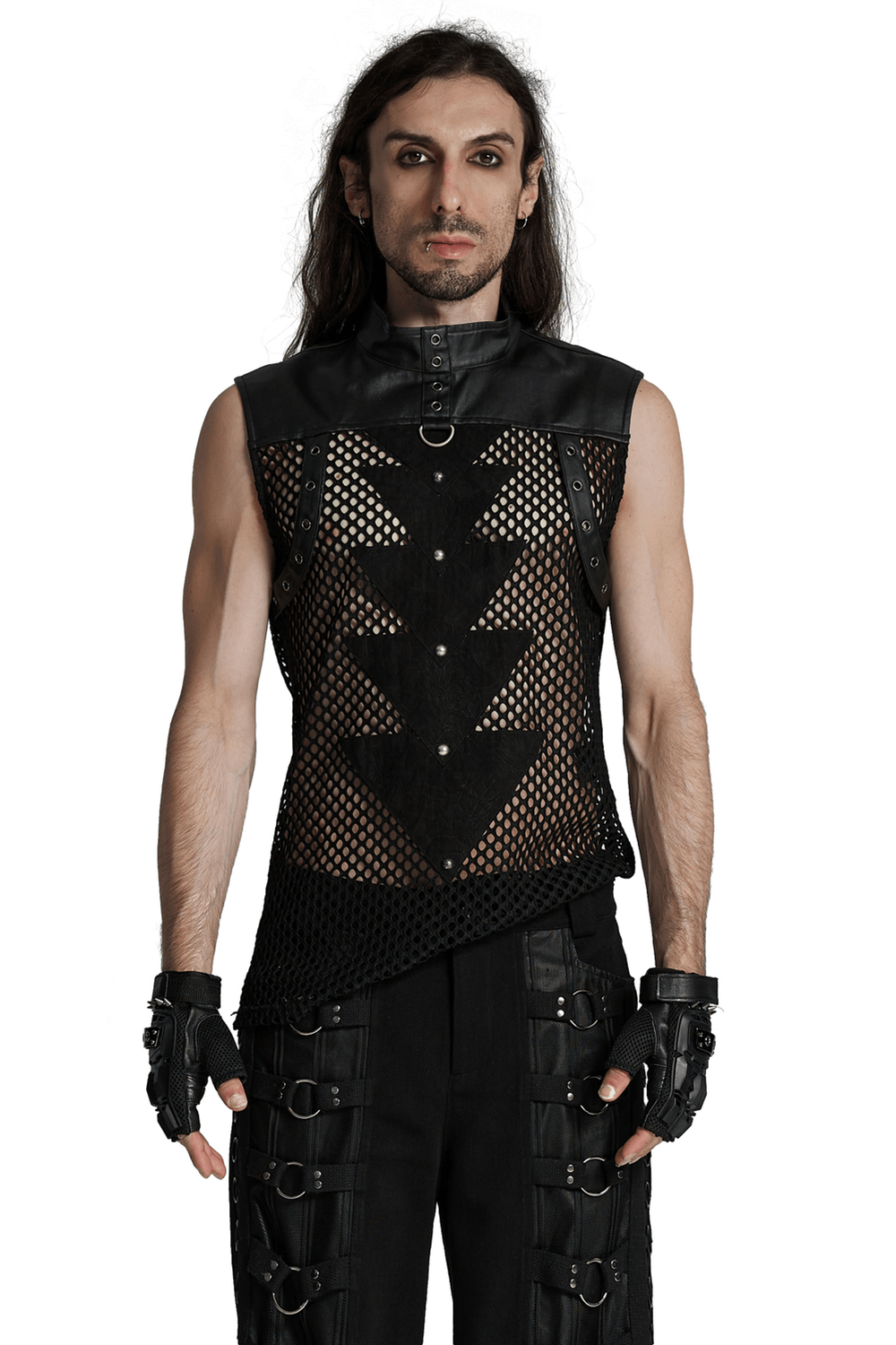 Punk mesh sleeveless top with PU leather details featuring a bold triangular design and stylish rivets. Perfect for edgy fashion.