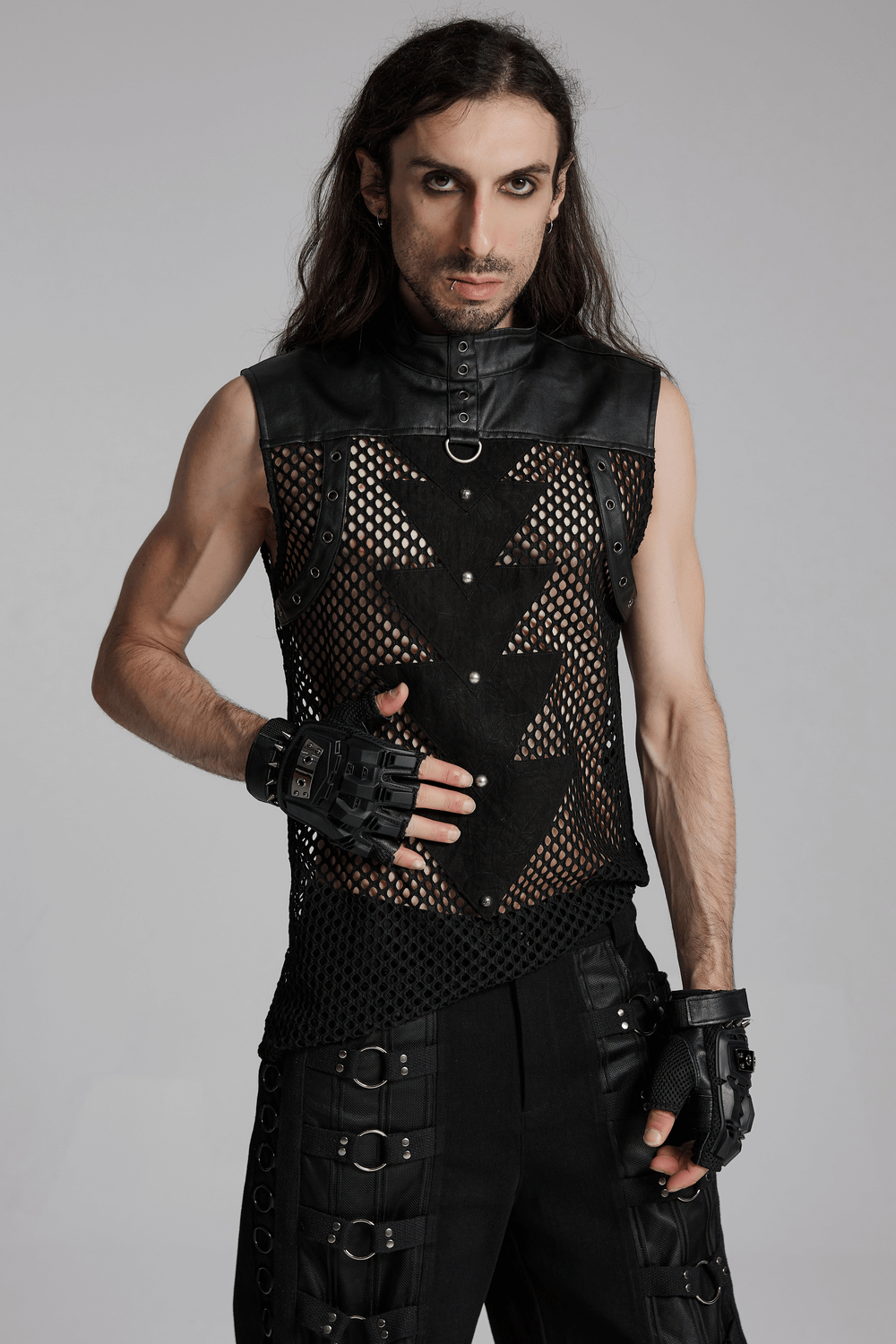 Punk mesh sleeveless top with PU leather, featuring a bold triangular design and rivets, perfect for edgy fashion.