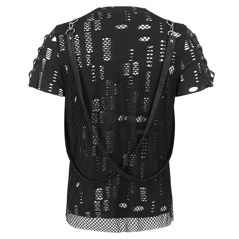 Men's black punk mesh t-shirt with detachable straps and stylish lace-up detailing on sleeves.