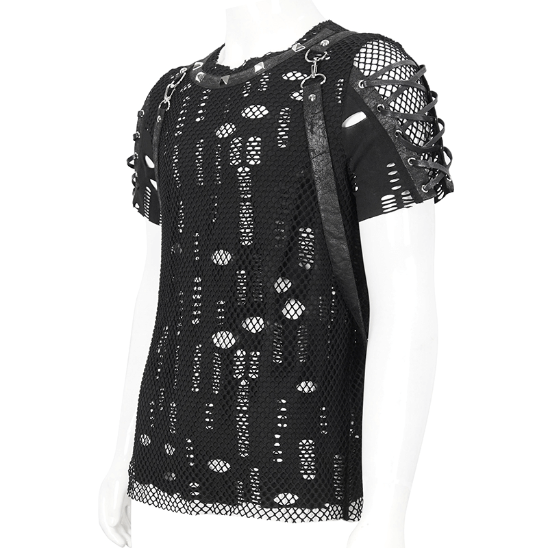 Punk Mesh T-Shirt with Detachable Straps / Men's Black Studs T-Shirts Lace-Up on Sleeves - HARD'N'HEAVY