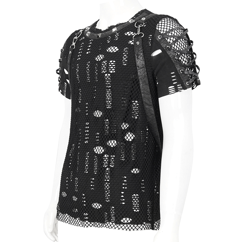 Men's punk mesh t-shirt in black with lace-up sleeves and detachable straps, showcasing a rebellious fashion statement.