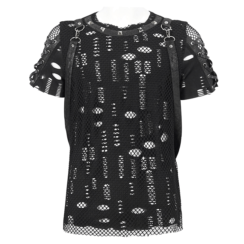 Men's punk mesh t-shirt with detachable straps, black studs, and lace-up sleeve details.