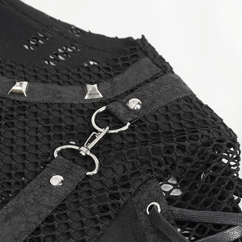 Close-up of the punk mesh t-shirt showing black studs and detachable straps, highlighting its rebellious design.