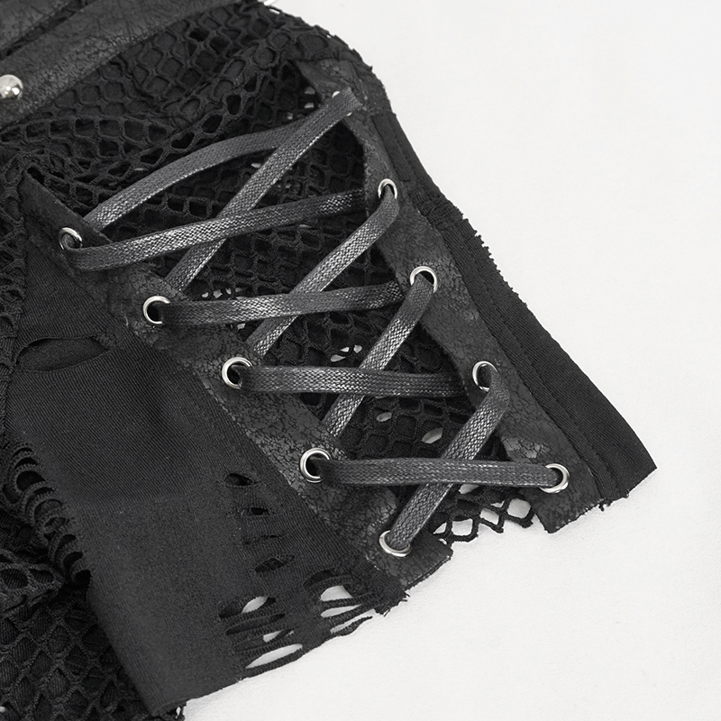 Close-up of men's punk mesh t-shirt featuring lace-up details and black studs for edgy style.