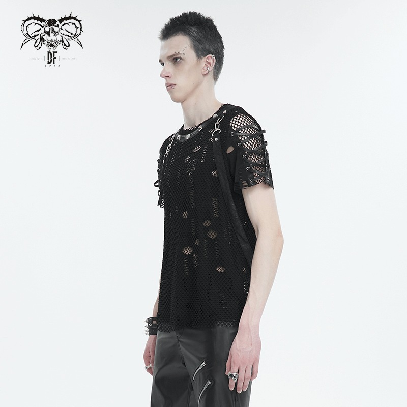 Men's punk mesh t-shirt with detachable straps, black studs, and lace-up detail, perfect for a bold, rebellious look.