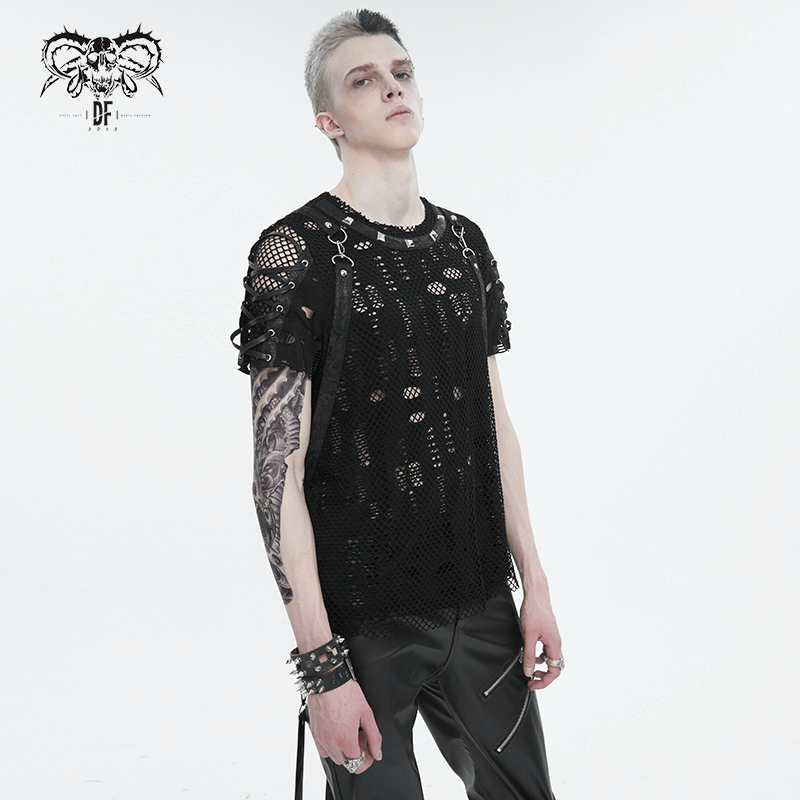 Men's punk mesh t-shirt with detachable straps, black studs, and lace-up sleeves for a rebellious look.