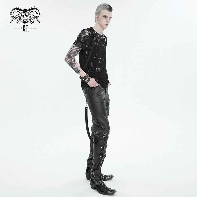Men's punk mesh t-shirt with detachable straps and studs, paired with edgy leather pants.