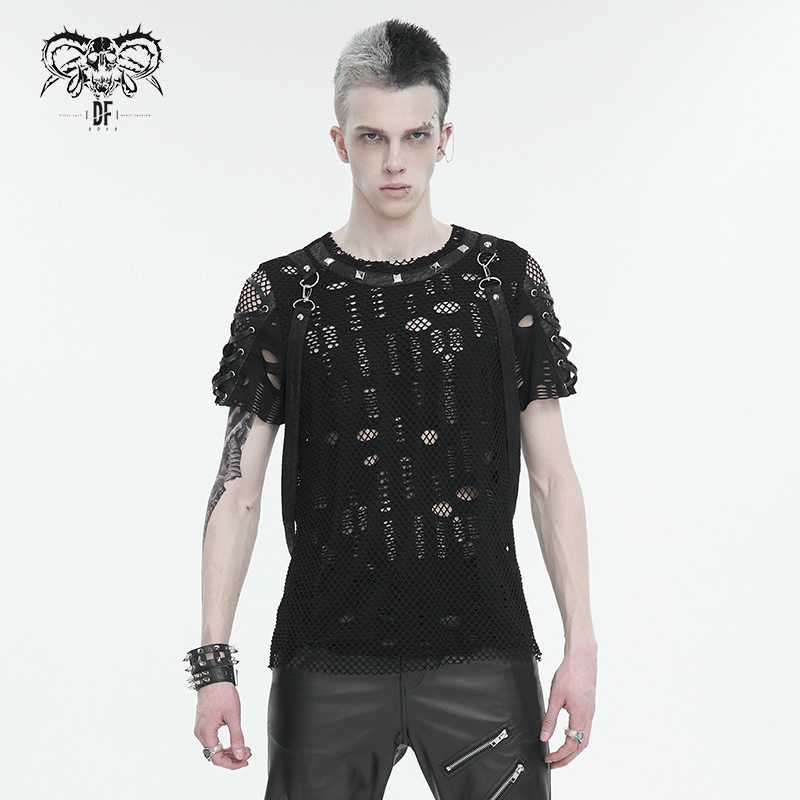 Men's punk mesh t-shirt with detachable straps and lace-up sleeves in black, perfect for rebellious style.