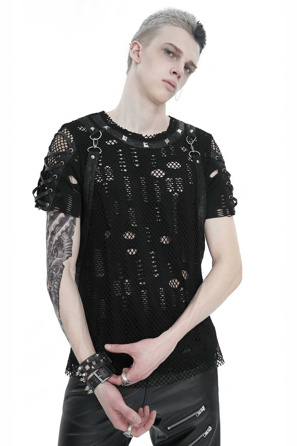 Men's punk mesh t-shirt with detachable straps and black studs, showcasing a rebellious style and unique lace-up sleeves.