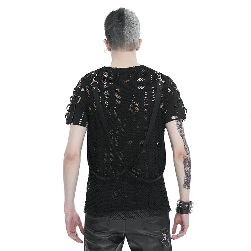 Punk Mesh T-Shirt with Detachable Straps / Men's Black Studs T-Shirts Lace-Up on Sleeves - HARD'N'HEAVY