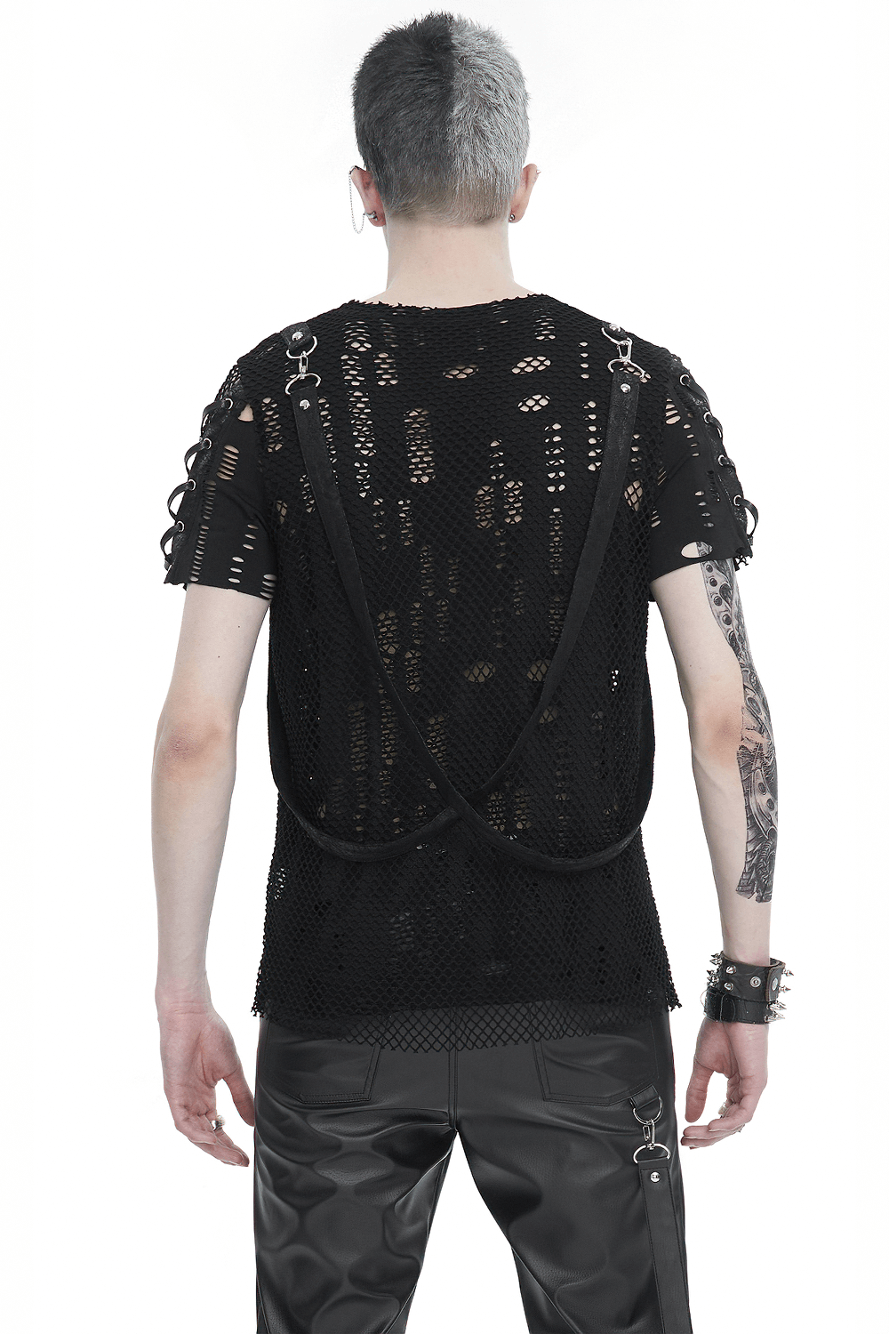 Men's punk mesh t-shirt featuring detachable straps and stylish lace-up sleeves, perfect for a rebellious look.
