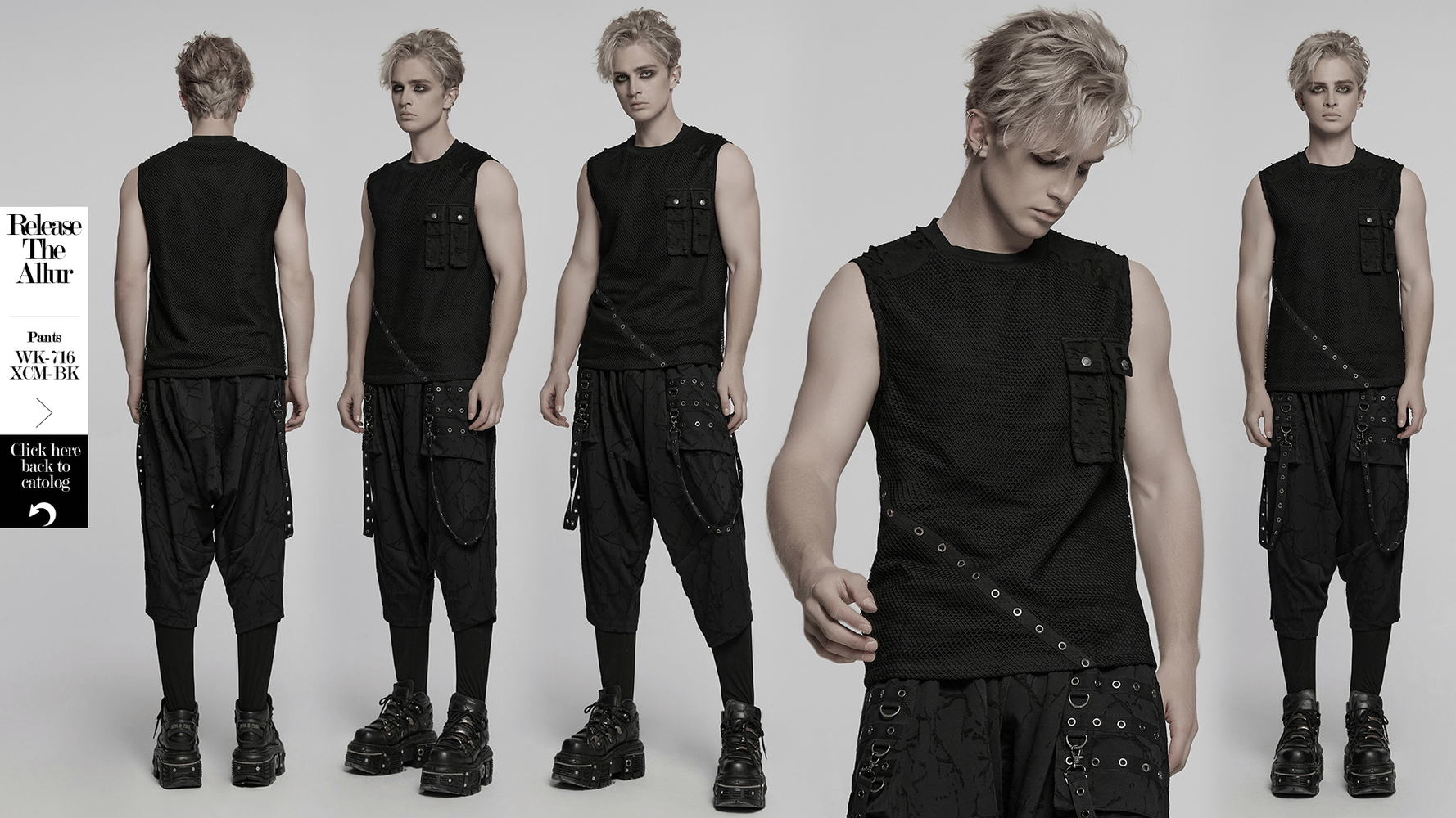 Punk mesh top with tattered fabric and pocket details, styled with edgy pants and chunky boots for a bold look.