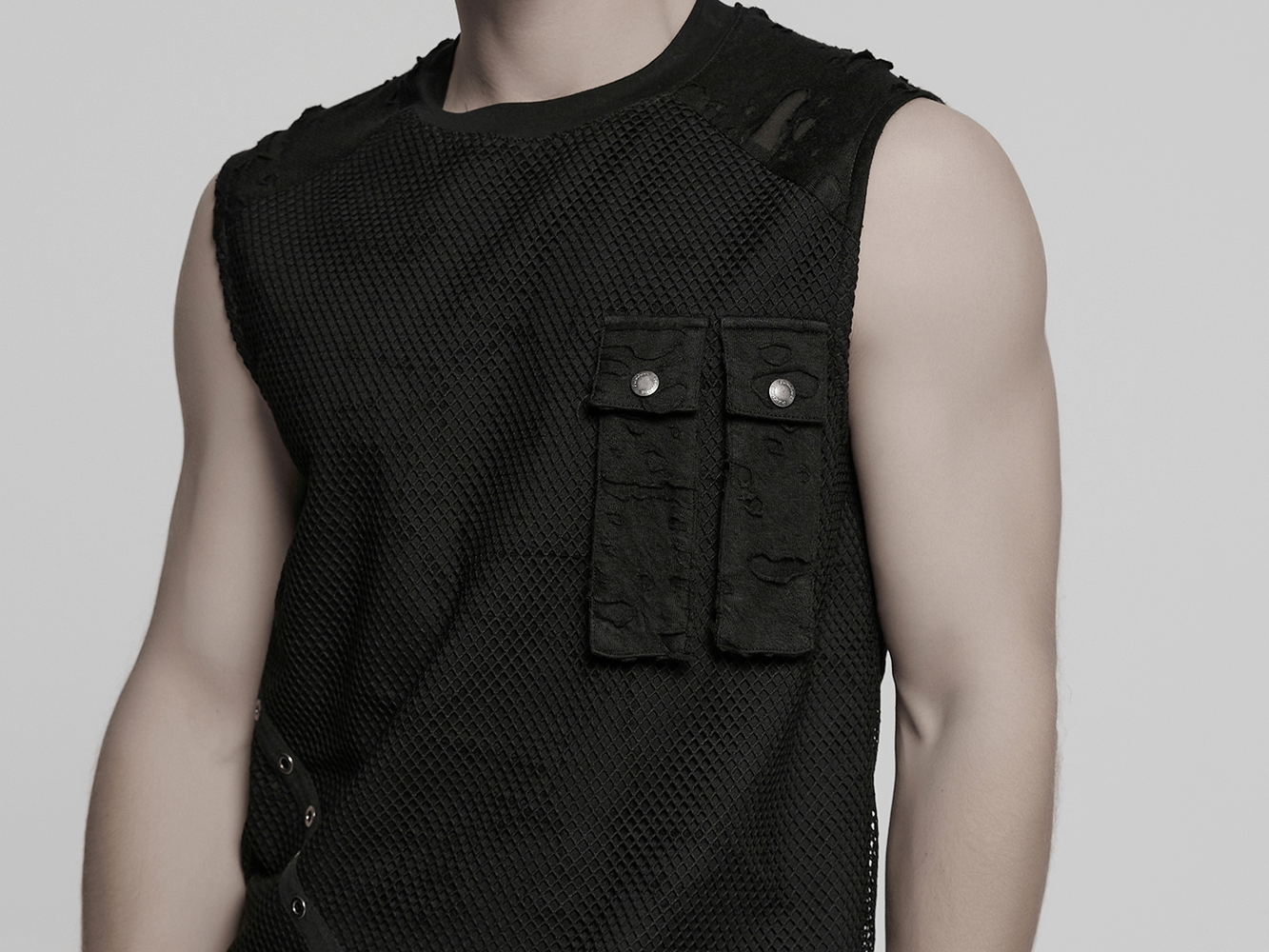 Punk mesh top featuring tattered fabric and pocket details, perfect for edgy streetwear style.