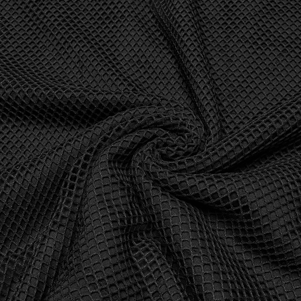 Textured black mesh fabric perfect for punk-style tops with unique design details.