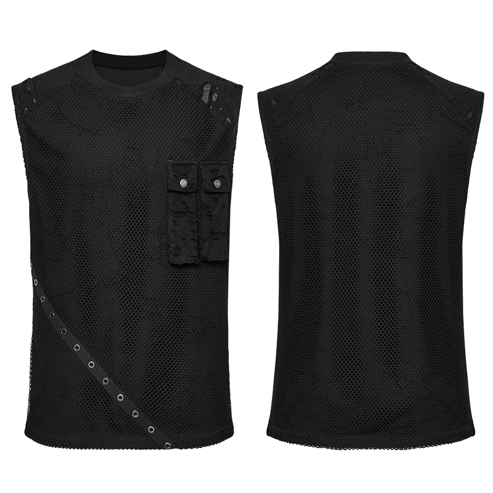 Punk mesh top featuring tattered fabric and unique pocket details, perfect for edgy streetwear style.