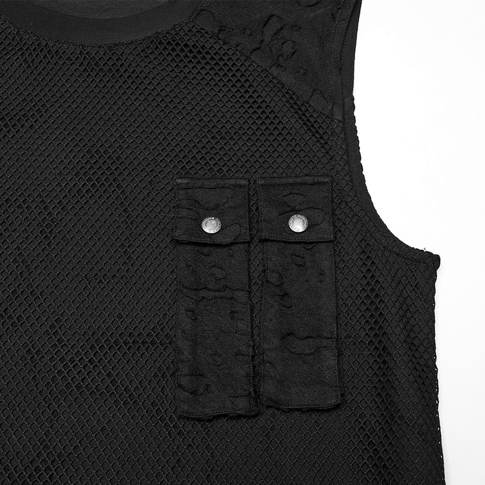 Close-up of a punk mesh top featuring tattered fabric and dual pocket details in black.