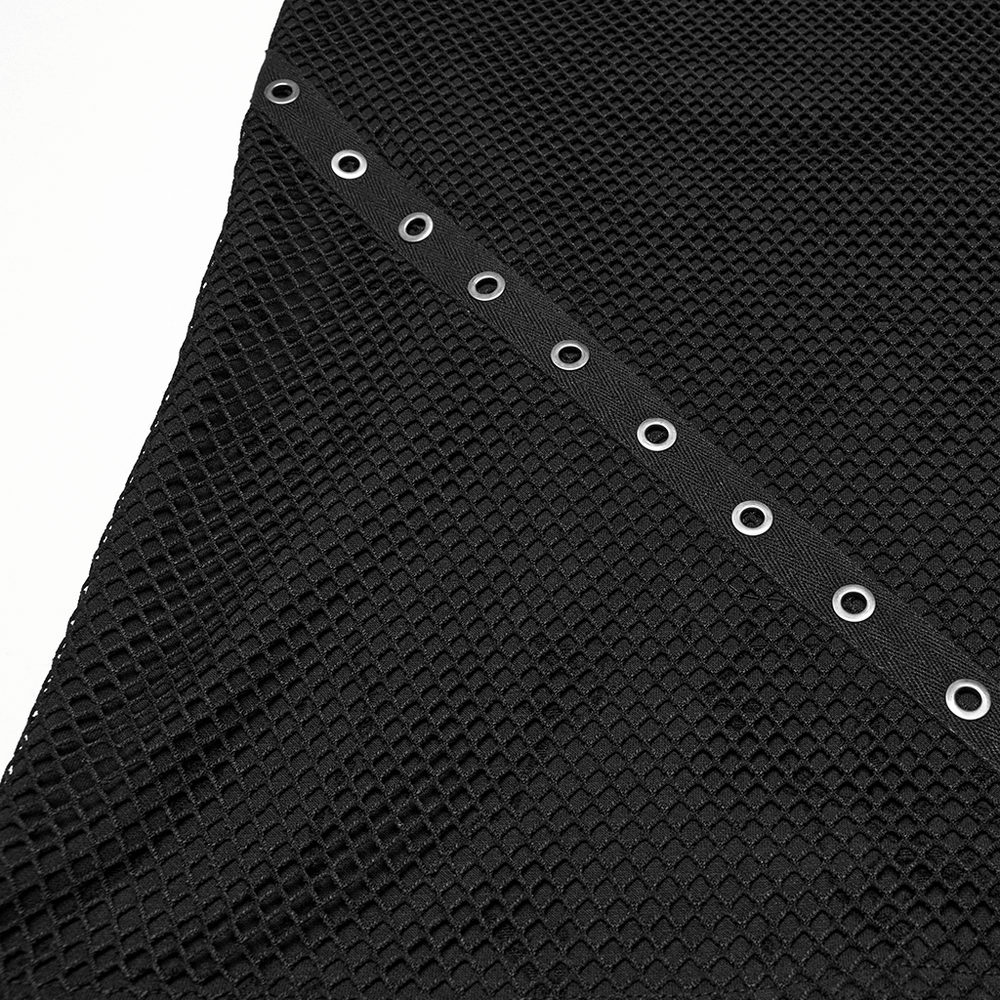 Close-up of punk mesh top featuring textured fabric with grommet details and tattered edges for a bold look.