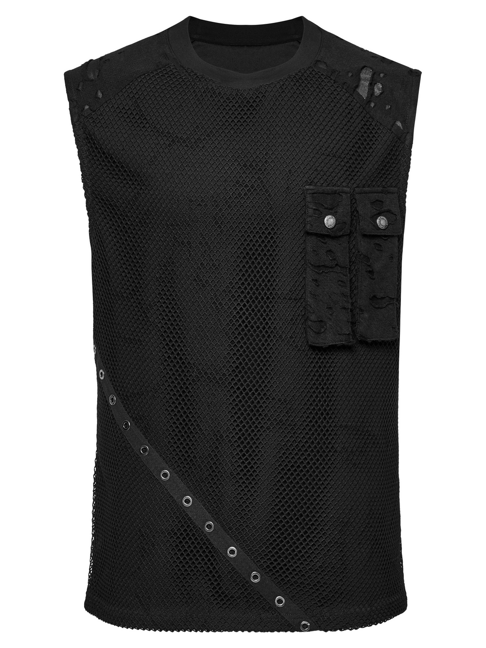 Punk mesh top featuring tattered fabric and stylish pocket details for edgy summer fashion.