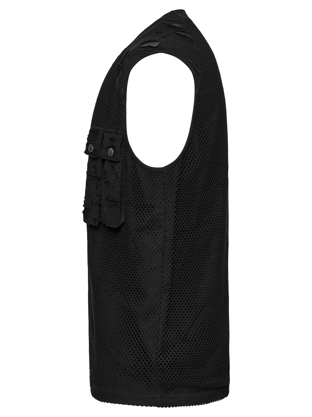 Punk mesh top with tattered fabric and pocket details, perfect for edgy streetwear style.