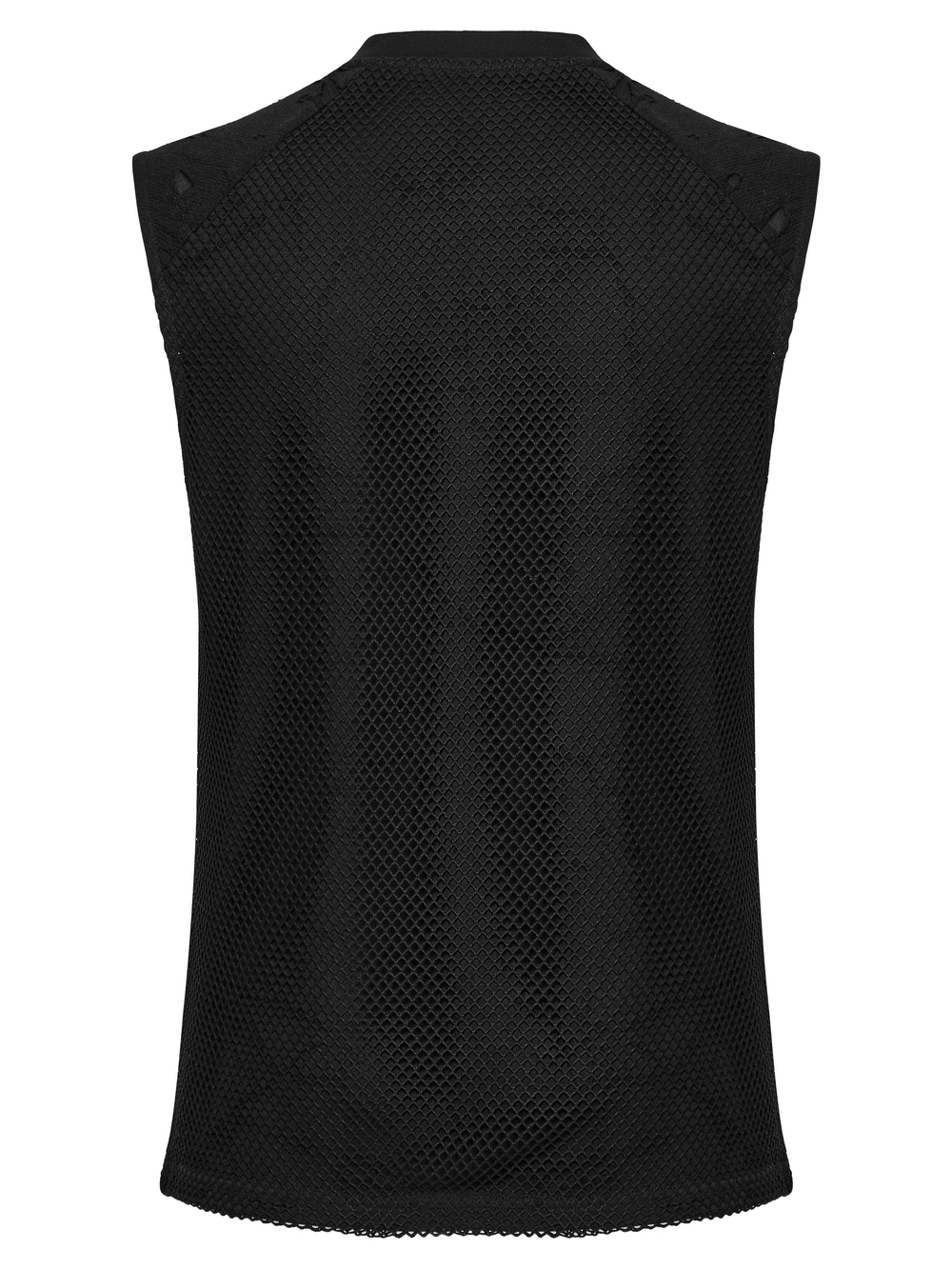 Punk mesh top showcasing a unique tattered fabric design and convenient pocket details in classic black.