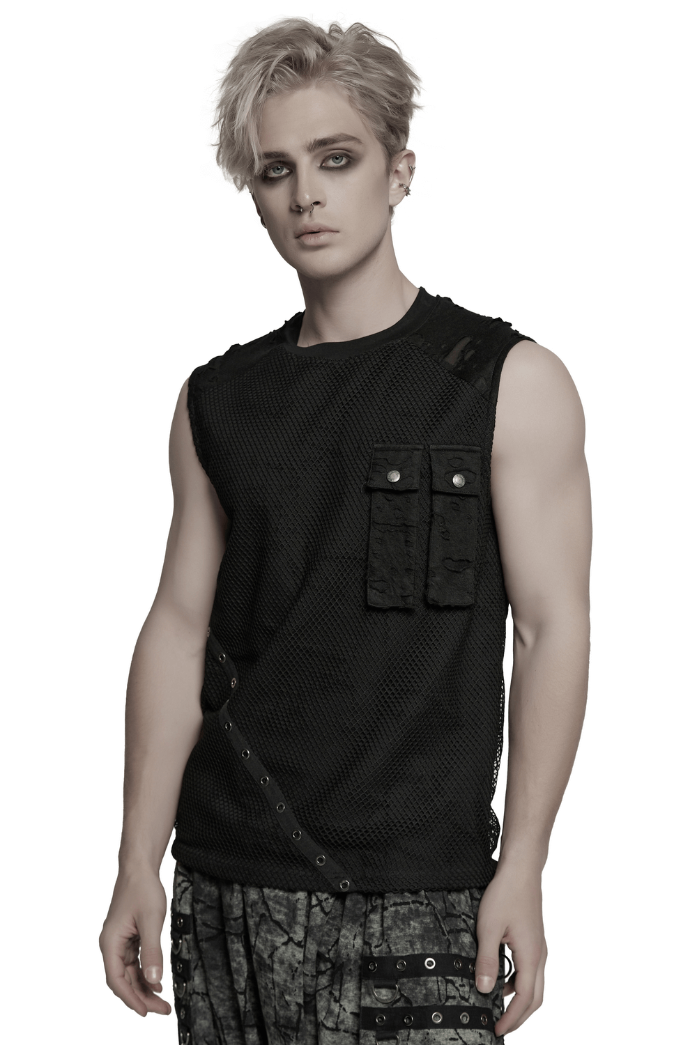 Punk mesh top featuring tattered fabric and pocket details, perfect for edgy style enthusiasts.