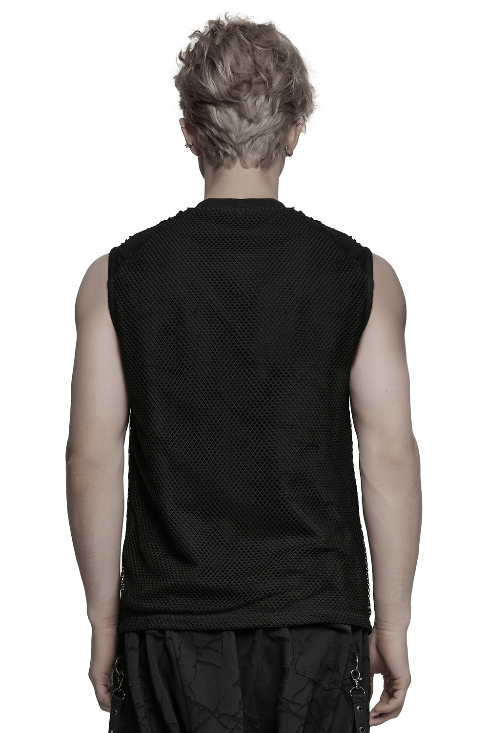 Back view of a punk mesh top featuring tattered fabric design and sleeve details, perfect for edgy style.