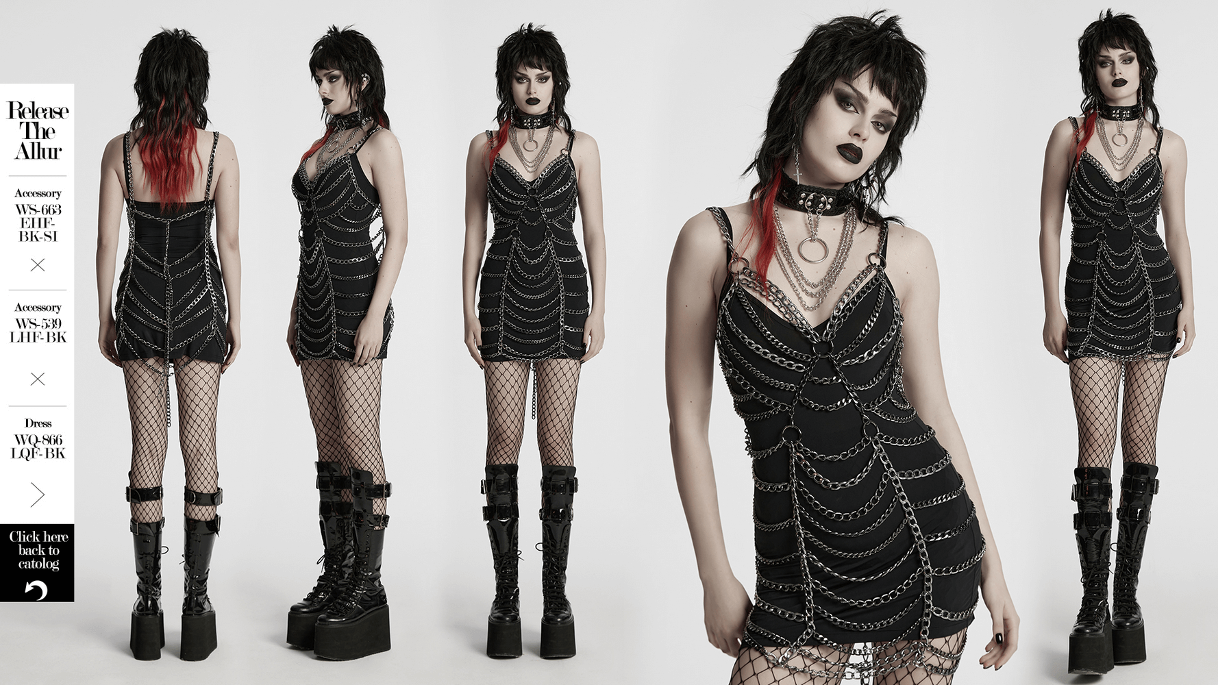 Punk metal chain body harness dress showcasing adjustable design and stylish layered look.