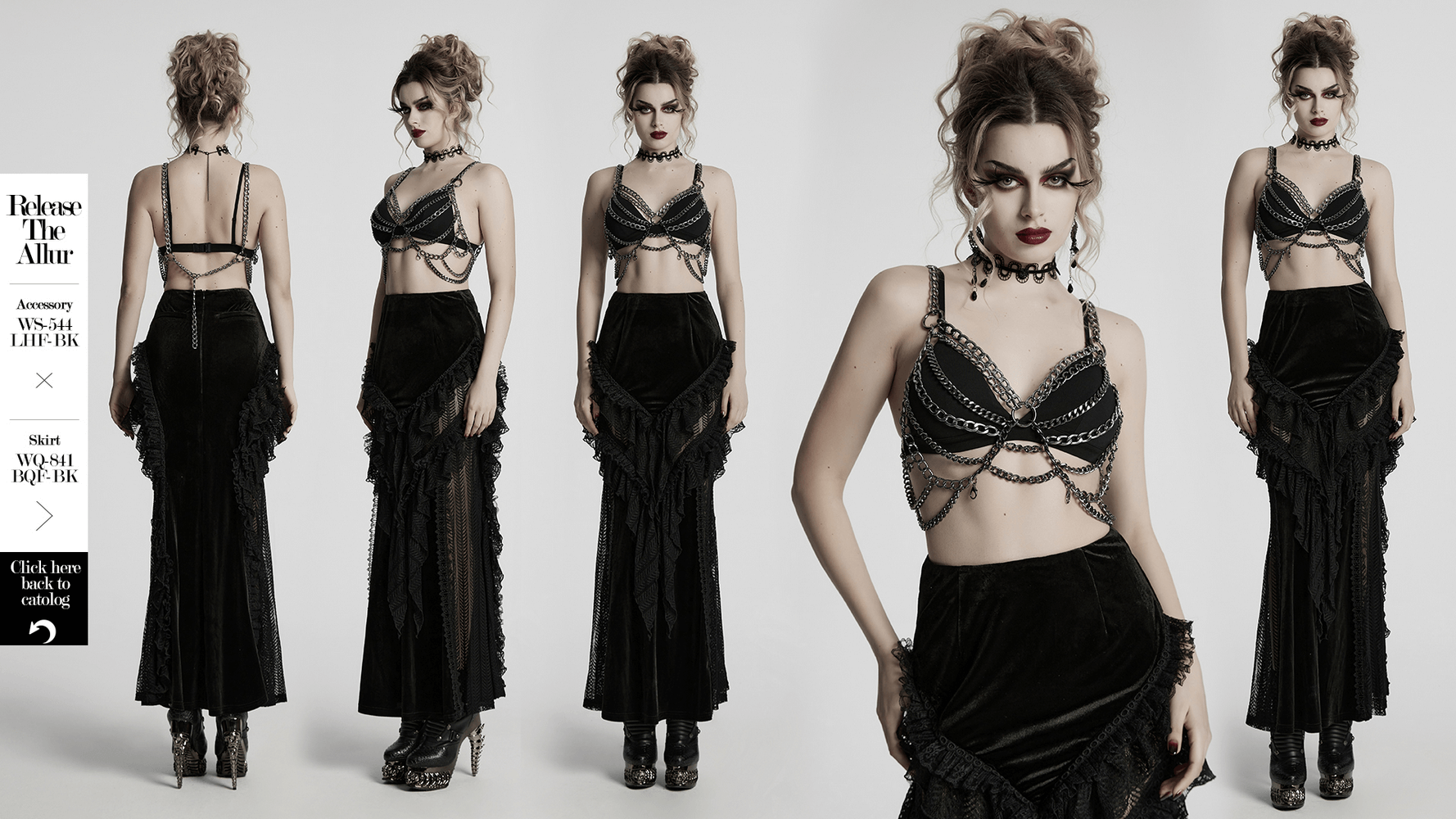 Punk metal chain body harness dress showcasing adjustable chains and sleek design for alternative fashion.