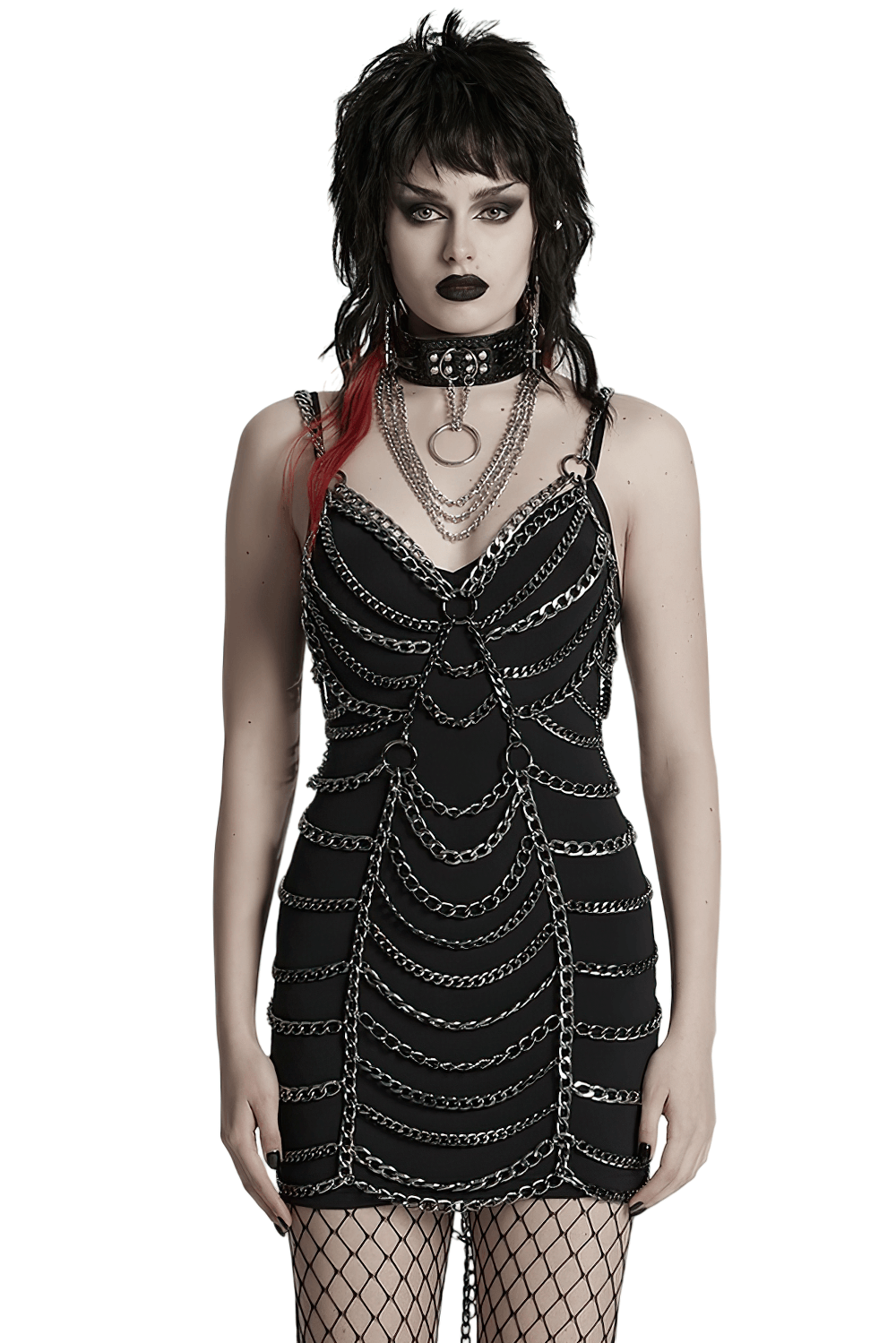 Punk metal chain body harness dress featuring adjustable chains and sleek design for alternative fashion.