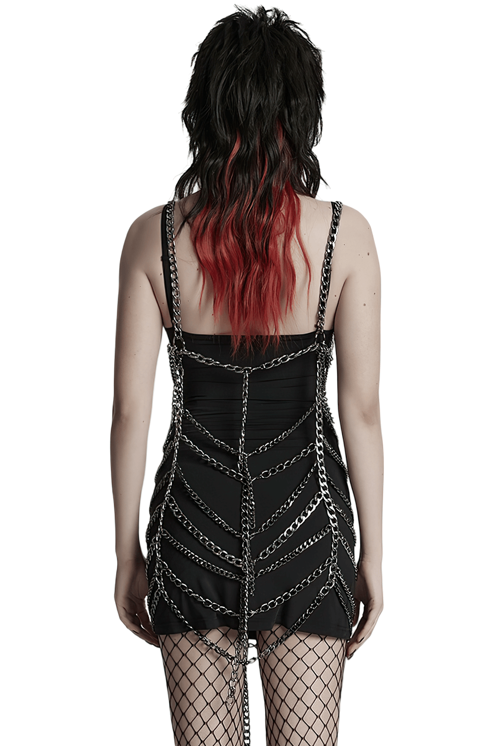 Back view of punk metal chain body harness dress with adjustable chains, showcasing edgy style and customizable fit.