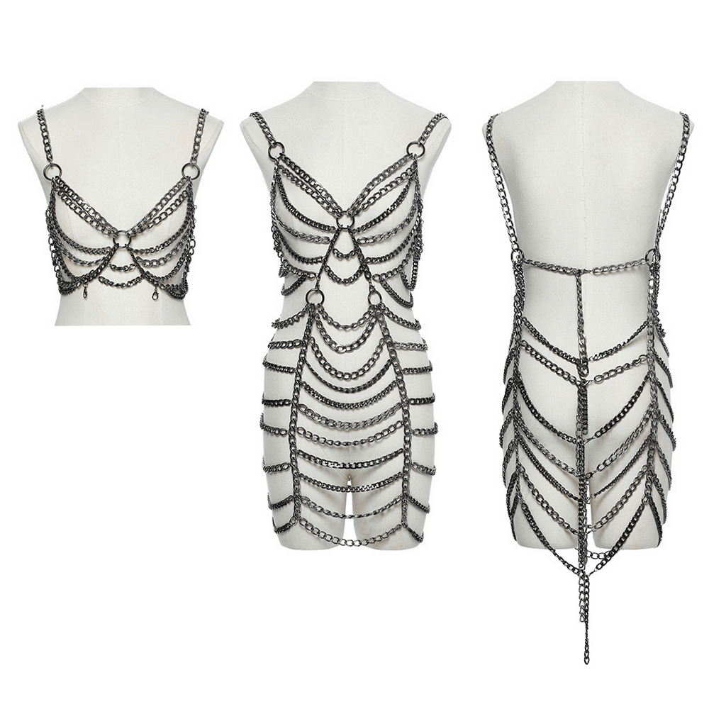 Punk metal chain body harness dress showcasing adjustable chains from multiple angles, perfect for alternative fashion.