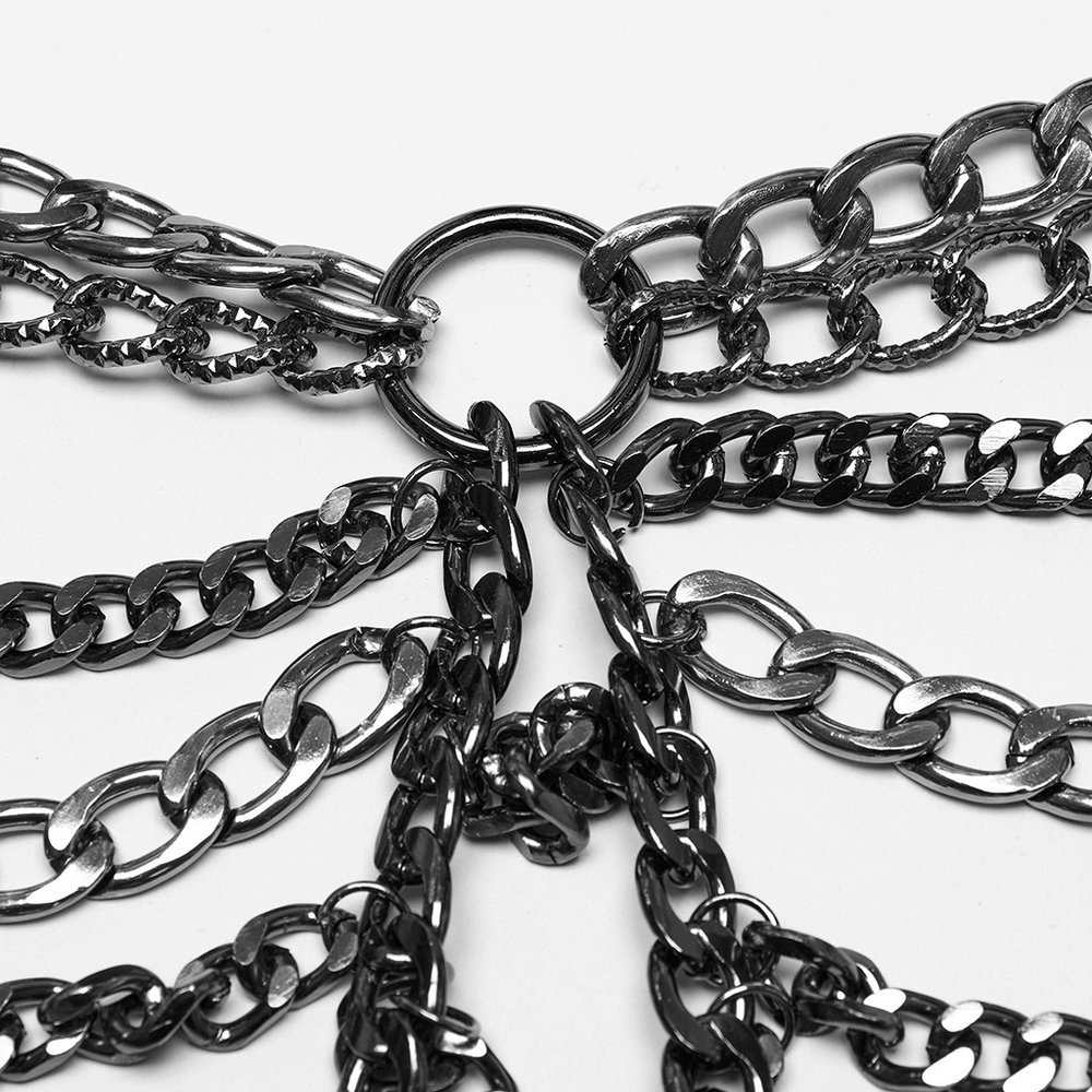 Close-up of adjustable metal chains for punk body harness dress, showcasing stylish design and durable materials.