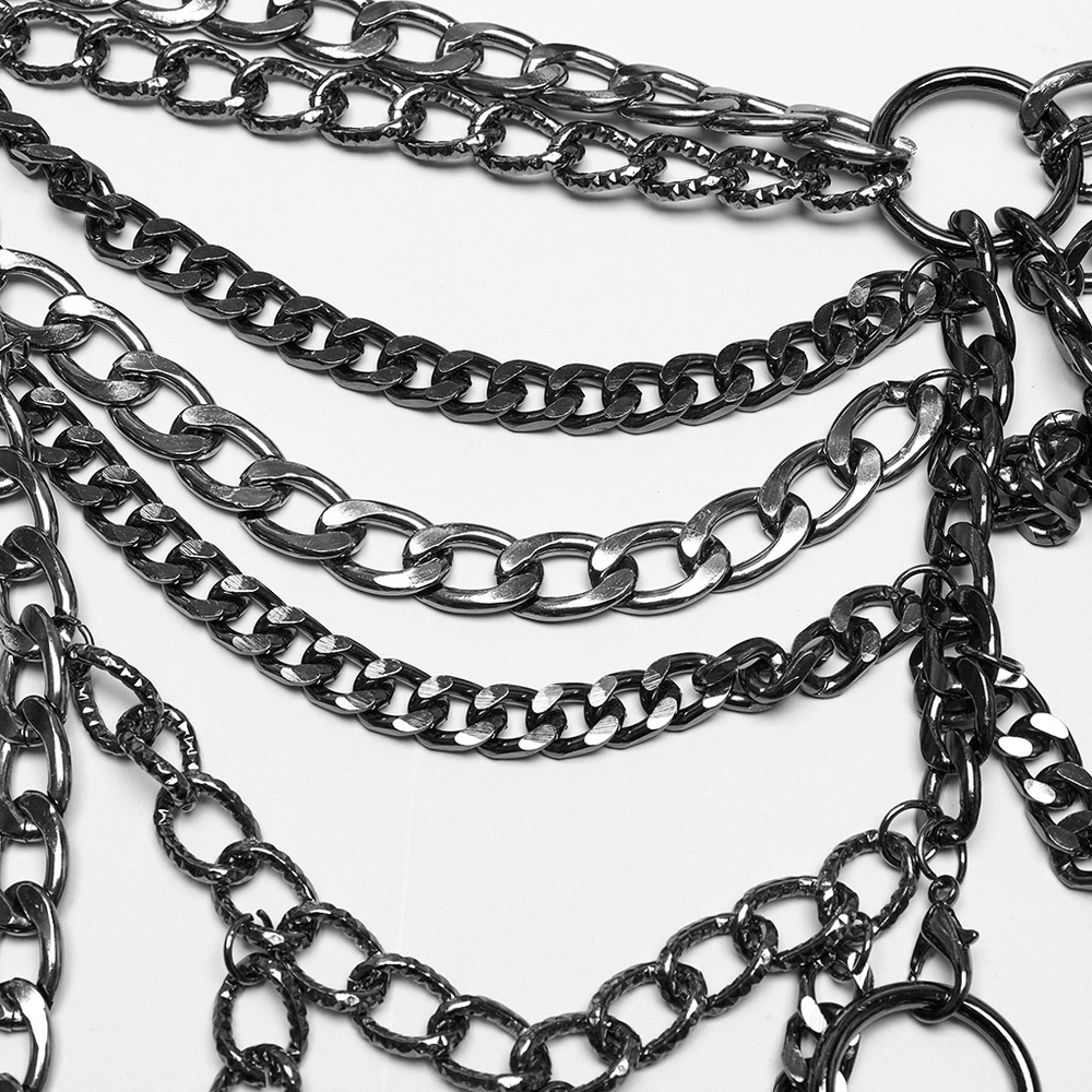Close-up of punk metal chains showcasing intricate design for body harness dresses in alternative fashion.